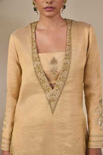 Masaba Gold Silk, Tissue Plunge , Square Saanjh Savera Kurta And Pant Set Online at Aza Fashions Masaba_Gold Silk, Tissue Plunge , Square Saanjh Savera Kurta And Pant Set _Online_at_Aza_Fashions