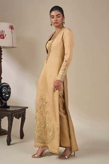 Buy Masaba Gold Silk, Tissue Plunge , Square Saanjh Savera Kurta And Pant Set Buy_Masaba_Gold Silk, Tissue Plunge , Square Saanjh Savera Kurta And Pant Set