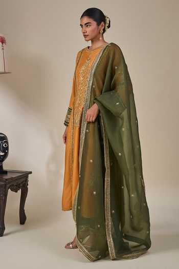 Masaba Orange Silk, Organza Round Neck Meetha Paan Pataka Embroidered Kurta Set Online at Aza Fashions Masaba_Orange Silk, Organza Round Neck Meetha Paan Pataka Embroidered Kurta Set _Online_at_Aza_Fashions