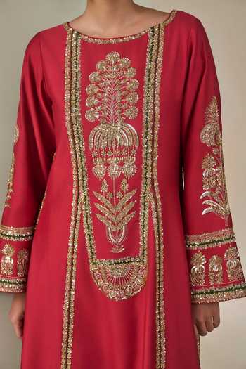 Buy Masaba Red Silk, Organza Round Neck Ishq Ilaichi Embroidered Kurta Set Buy_Masaba_Red Silk, Organza Round Neck Ishq Ilaichi Embroidered Kurta Set