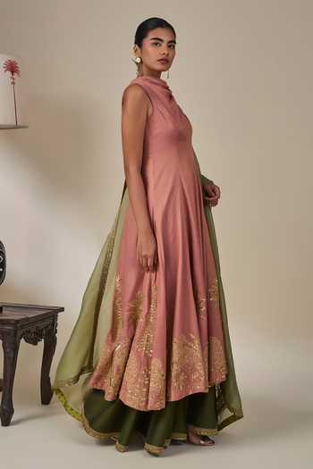 Shop Masaba Pink Silk, Tissue, Organza Cowl Neck Gulkand Gulnaar Anarkali Palazzo Set Online at Aza Fashions Shop_Masaba_Pink Silk, Tissue, Organza Cowl Neck Gulkand Gulnaar Anarkali Palazzo Set _Online_at_Aza_Fashions