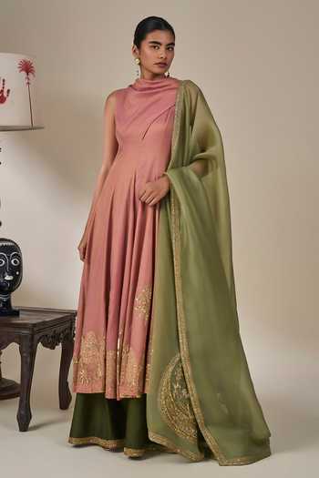Masaba Pink Silk, Tissue, Organza Cowl Neck Gulkand Gulnaar Anarkali Palazzo Set at Aza Fashions Masaba_Pink Silk, Tissue, Organza Cowl Neck Gulkand Gulnaar Anarkali Palazzo Set _at_Aza_Fashions