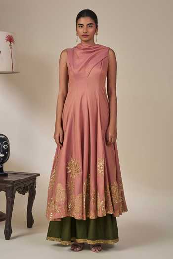 Buy Masaba Pink Silk, Tissue, Organza Cowl Neck Gulkand Gulnaar Anarkali Palazzo Set Buy_Masaba_Pink Silk, Tissue, Organza Cowl Neck Gulkand Gulnaar Anarkali Palazzo Set