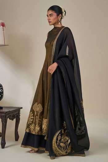 Masaba Black Silk, Tissue, Organza Zari Cowl Neck Gulkand Gulnaar Anarkali Set Online at Aza Fashions Masaba_Black Silk, Tissue, Organza Zari Cowl Neck Gulkand Gulnaar Anarkali Set _Online_at_Aza_Fashions