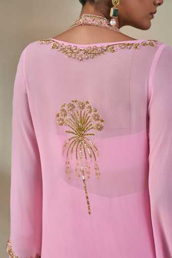 Masaba Pink Georgette, Silk, Organza V-neck, Yes, Phool Patti Pyaar Kurta Pant Set at Aza Fashions Masaba_Pink Georgette, Silk, Organza V-neck, Yes, Phool Patti Pyaar Kurta Pant Set _at_Aza_Fashions