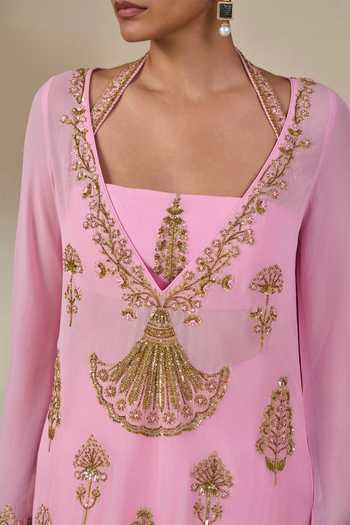 Buy Masaba Pink Georgette, Silk, Organza V-neck, Yes, Phool Patti Pyaar Kurta Pant Set Buy_Masaba_Pink Georgette, Silk, Organza V-neck, Yes, Phool Patti Pyaar Kurta Pant Set