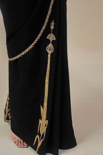 Masaba Black Crepe V-neck Sitara Sharbat Pre-stitched Saree With Blouse Online at Aza Fashions Masaba_Black Crepe V-neck Sitara Sharbat Pre-stitched Saree With Blouse _Online_at_Aza_Fashions