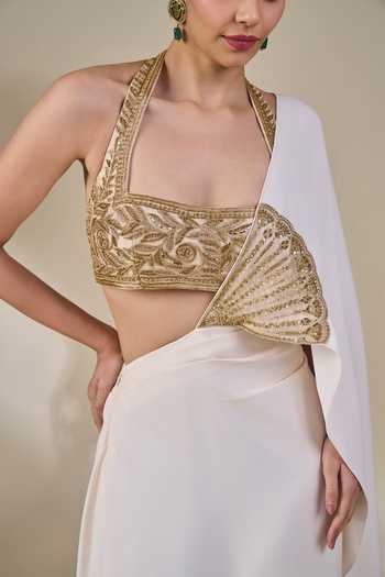 Masaba Ivory Crepe, Silk, Tissue Halter Rangrez Rasmalai Pre-stitched Saree With Blouse Online at Aza Fashions Masaba_Ivory Crepe, Silk, Tissue Halter Rangrez Rasmalai Pre-stitched Saree With Blouse _Online_at_Aza_Fashions