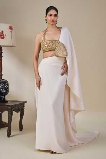 Shop Masaba Ivory Crepe, Silk, Tissue Halter Rangrez Rasmalai Pre-stitched Saree With Blouse Online at Aza Fashions Shop_Masaba_Ivory Crepe, Silk, Tissue Halter Rangrez Rasmalai Pre-stitched Saree With Blouse _Online_at_Aza_Fashions