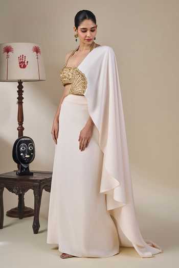 Masaba Ivory Crepe, Silk, Tissue Halter Rangrez Rasmalai Pre-stitched Saree With Blouse at Aza Fashions Masaba_Ivory Crepe, Silk, Tissue Halter Rangrez Rasmalai Pre-stitched Saree With Blouse _at_Aza_Fashions