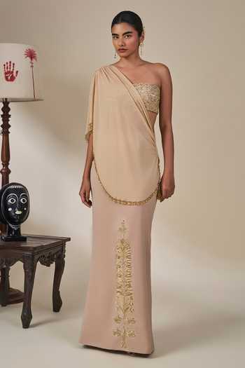 Masaba Beige Crepe, Georgette Bandeau Neck Sitara Sehra Embroidered Skirt Set Online at Aza Fashions Masaba_Beige Crepe, Georgette Bandeau Neck Sitara Sehra Embroidered Skirt Set _Online_at_Aza_Fashions