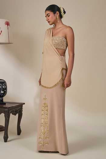 Buy Masaba Beige Crepe, Georgette Bandeau Neck Sitara Sehra Embroidered Skirt Set Online at Aza Fashions Buy_Masaba_Beige Crepe, Georgette Bandeau Neck Sitara Sehra Embroidered Skirt Set _Online_at_Aza_Fashions