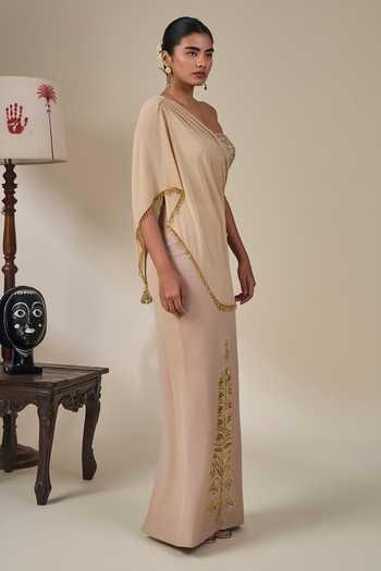 Shop Masaba Beige Crepe, Georgette Bandeau Neck Sitara Sehra Embroidered Skirt Set Online at Aza Fashions Shop_Masaba_Beige Crepe, Georgette Bandeau Neck Sitara Sehra Embroidered Skirt Set _Online_at_Aza_Fashions