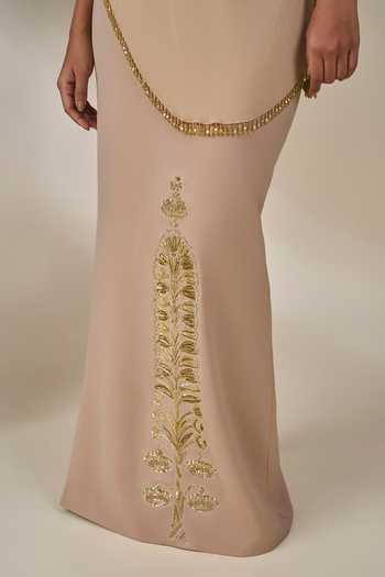 Masaba Beige Crepe, Georgette Bandeau Neck Sitara Sehra Embroidered Skirt Set at Aza Fashions Masaba_Beige Crepe, Georgette Bandeau Neck Sitara Sehra Embroidered Skirt Set _at_Aza_Fashions