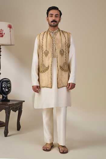 Shop Masaba Gold Silk, Tissue, Viscose Embroidery, Zari Rabdi Rasmalai Bundi And Kurta Set Online at Aza Fashions Shop_Masaba_Gold Silk, Tissue, Viscose Embroidery, Zari Rabdi Rasmalai Bundi And Kurta Set _Online_at_Aza_Fashions