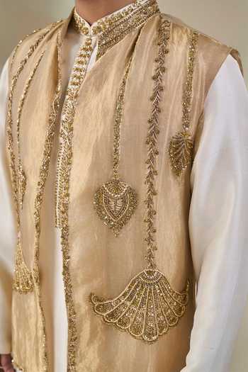 Shop Masaba Gold Silk, Tissue, Viscose Embroidery, Zari Rabdi Rasmalai Bundi And Kurta Set Shop_Masaba_Gold Silk, Tissue, Viscose Embroidery, Zari Rabdi Rasmalai Bundi And Kurta Set