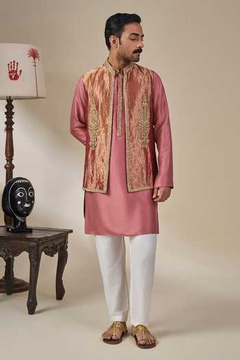 Masaba Gold Silk, Tissue, Viscose Zari, Stones Darbar Dilruba Bundi And Kurta Set at Aza Fashions Masaba_Gold Silk, Tissue, Viscose Zari, Stones Darbar Dilruba Bundi And Kurta Set _at_Aza_Fashions