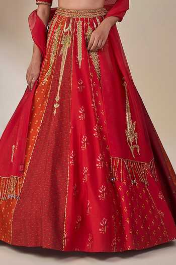 Shop Masaba Red Silk, Net, Organza Square Neck Rango Sa Jahan Embroidered Lehenga Set Online at Aza Fashions Shop_Masaba_Red Silk, Net, Organza Square Neck Rango Sa Jahan Embroidered Lehenga Set _Online_at_Aza_Fashions
