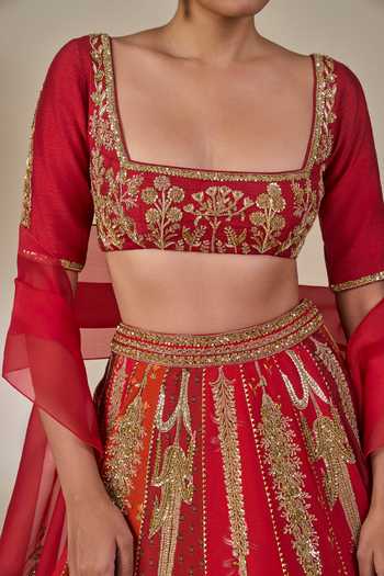 Buy Masaba Red Silk, Net, Organza Square Neck Rango Sa Jahan Embroidered Lehenga Set Buy_Masaba_Red Silk, Net, Organza Square Neck Rango Sa Jahan Embroidered Lehenga Set