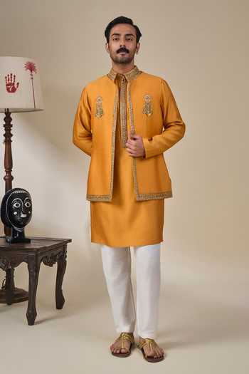 Masaba_Orange Silk, Viscose Zari, Stones Khushboo Khwaab Bundi And Kurta Set _Online_at_Aza_Fashions