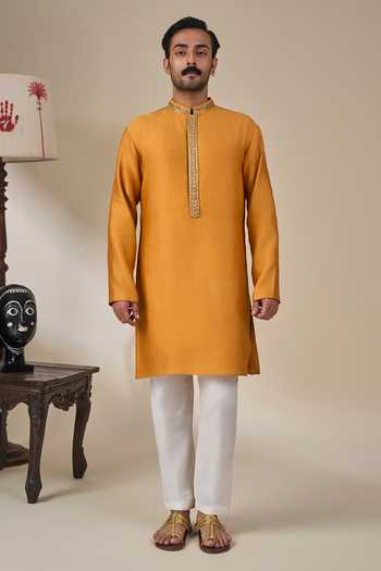 Shop_Masaba_Orange Silk, Viscose Zari, Stones Khushboo Khwaab Bundi And Kurta Set _Online_at_Aza_Fashions
