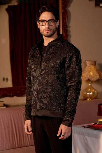 Buy_Asuka_Black Velvet Noir Petal Leather Patch Jacket _Online_at_Aza_Fashions