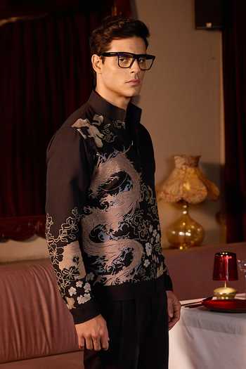 Asuka_Black Linen Serpent Code Embroidered Bomber Jacket _Online_at_Aza_Fashions