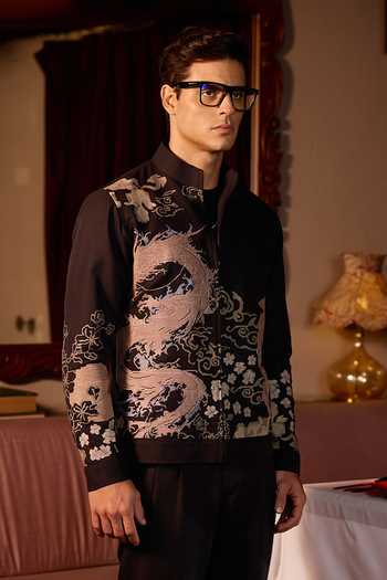 Buy_Asuka_Black Linen Serpent Code Embroidered Bomber Jacket _Online_at_Aza_Fashions