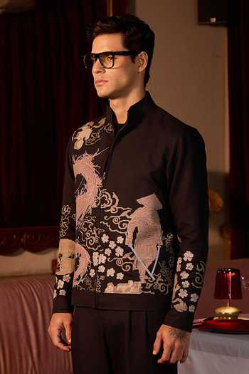 Shop_Asuka_Black Linen Serpent Code Embroidered Bomber Jacket _Online_at_Aza_Fashions