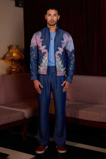 Shop Asuka Blue Denim Indigo Garden Resham Embroidered Jacket at Aza Fashions Shop_Asuka_Blue Denim Indigo Garden Resham Embroidered Jacket _at_Aza_Fashions