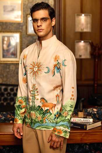 Asuka_Cream Tigene Celestial Rider Printed Bomber Jacket _Online_at_Aza_Fashions