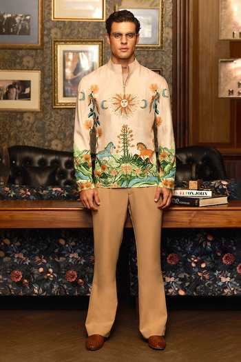 Buy_Asuka_Cream Tigene Celestial Rider Printed Bomber Jacket _Online_at_Aza_Fashions