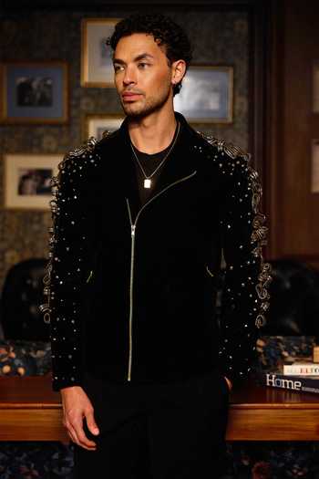 Asuka Black Velvet Dark Armour Metal Work Bomber Jacket Online at Aza Fashions Asuka_Black Velvet Dark Armour Metal Work Bomber Jacket _Online_at_Aza_Fashions