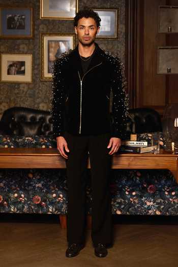 Shop Asuka Black Velvet Dark Armour Metal Work Bomber Jacket Online at Aza Fashions Shop_Asuka_Black Velvet Dark Armour Metal Work Bomber Jacket _Online_at_Aza_Fashions