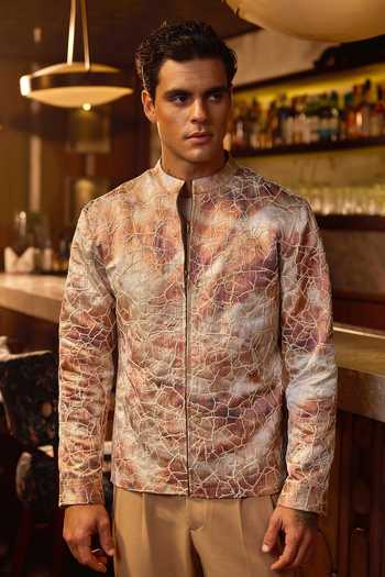 Shop Asuka Gold Jacquard, Tigene Gilded Earth Embroidered Bomber Jacket Online at Aza Fashions Shop_Asuka_Gold Jacquard, Tigene Gilded Earth Embroidered Bomber Jacket _Online_at_Aza_Fashions