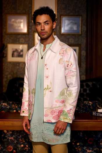 Buy Asuka Ivory Linen Sacred Lotus Hand Painted Jacket And Kurta Set Online at Aza Fashions Buy_Asuka_Ivory Linen Sacred Lotus Hand Painted Jacket And Kurta Set _Online_at_Aza_Fashions