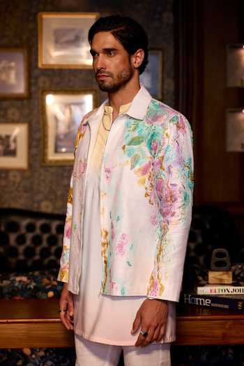 Buy_Asuka_Multi Color Linen Garden Mirage Hand Painted Jacket Kurta Set _Online_at_Aza_Fashions