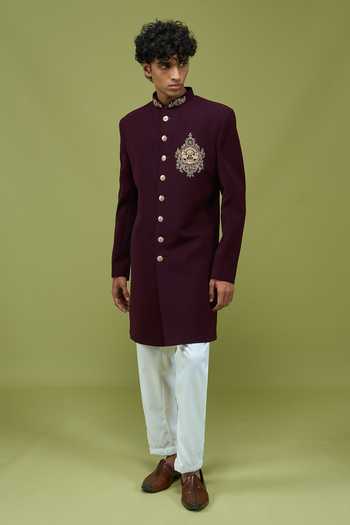 Arihant Rai Sinha Wine Silk Embroidered Sherwani Jacket And Pant Set at Aza Fashions Arihant Rai Sinha_Wine Silk Embroidered Sherwani Jacket And Pant Set _at_Aza_Fashions