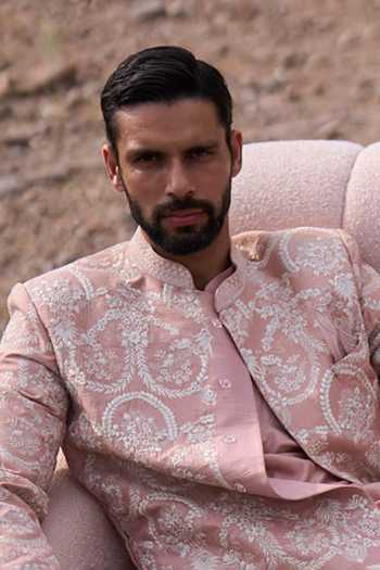 Anushree Reddy Pink Silk, Cotton, Lycra Victorian Embroidered Sherwani Set Online at Aza Fashions Anushree Reddy_Pink Silk, Cotton, Lycra Victorian Embroidered Sherwani Set _Online_at_Aza_Fashions
