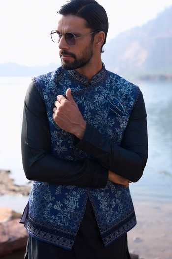 Anushree Reddy_Blue Silk, Cotton, Lycra Thread Work Asymmetric Bundi Set _Online_at_Aza_Fashions
