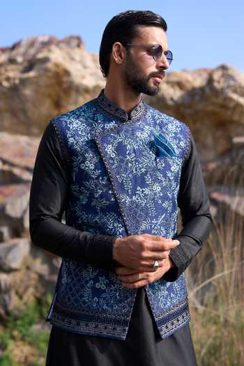 Buy_Anushree Reddy_Blue Silk, Cotton, Lycra Thread Work Asymmetric Bundi Set _Online_at_Aza_Fashions