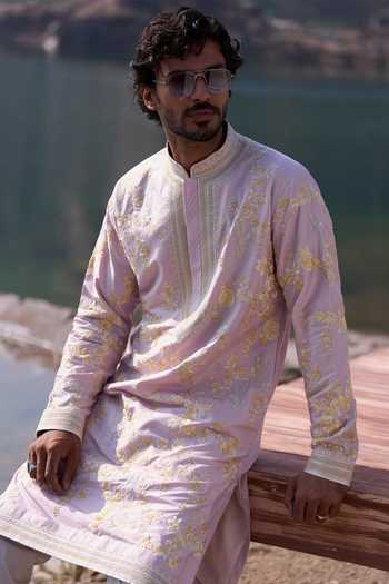 Anushree Reddy_Purple Silk, Cotton, Lycra Lilac Flying Humming Bird Kurta Set _Online_at_Aza_Fashions