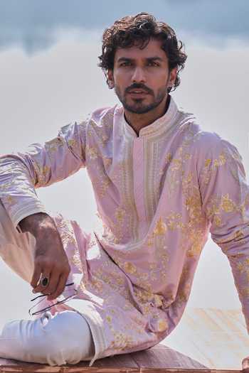 Buy_Anushree Reddy_Purple Silk, Cotton, Lycra Lilac Flying Humming Bird Kurta Set _Online_at_Aza_Fashions
