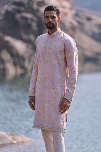 Shop_Anushree Reddy_Purple Silk, Cotton, Lycra Lilac Flying Humming Bird Kurta Set _Online_at_Aza_Fashions