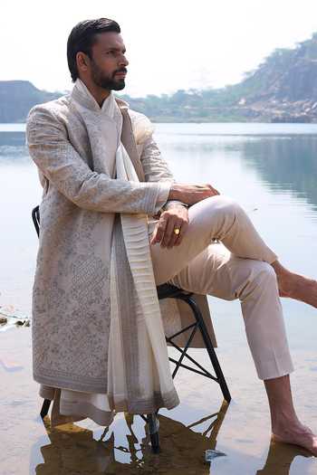 Anushree Reddy Zari Moss Rose Amber Sherwani Set