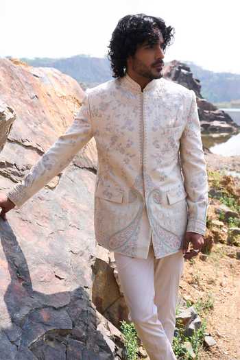 Anushree Reddy Paisley Creeper Geometric Bandhgala Set