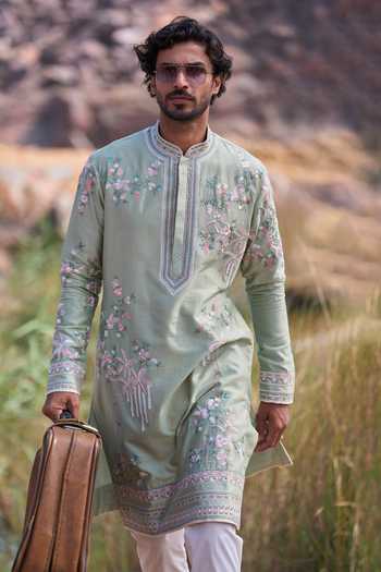 Anushree Reddy_Green Silk, Cotton, Lycra Hop Creeper Thread Kurta Set _Online_at_Aza_Fashions
