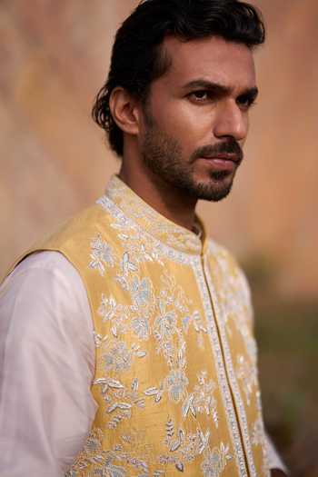 Anushree Reddy_Yellow Silk, Cotton Saffron Creeper Zardozi Work Bundi Set _Online_at_Aza_Fashions