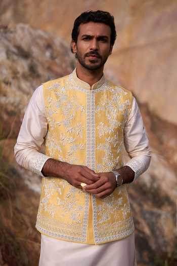 Buy_Anushree Reddy_Yellow Silk, Cotton Saffron Creeper Zardozi Work Bundi Set _Online_at_Aza_Fashions