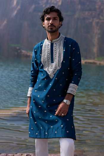 Anushree Reddy_Blue Chanderi, Cotton, Lycra Navy Lotus Motifs Kurta Set _Online_at_Aza_Fashions